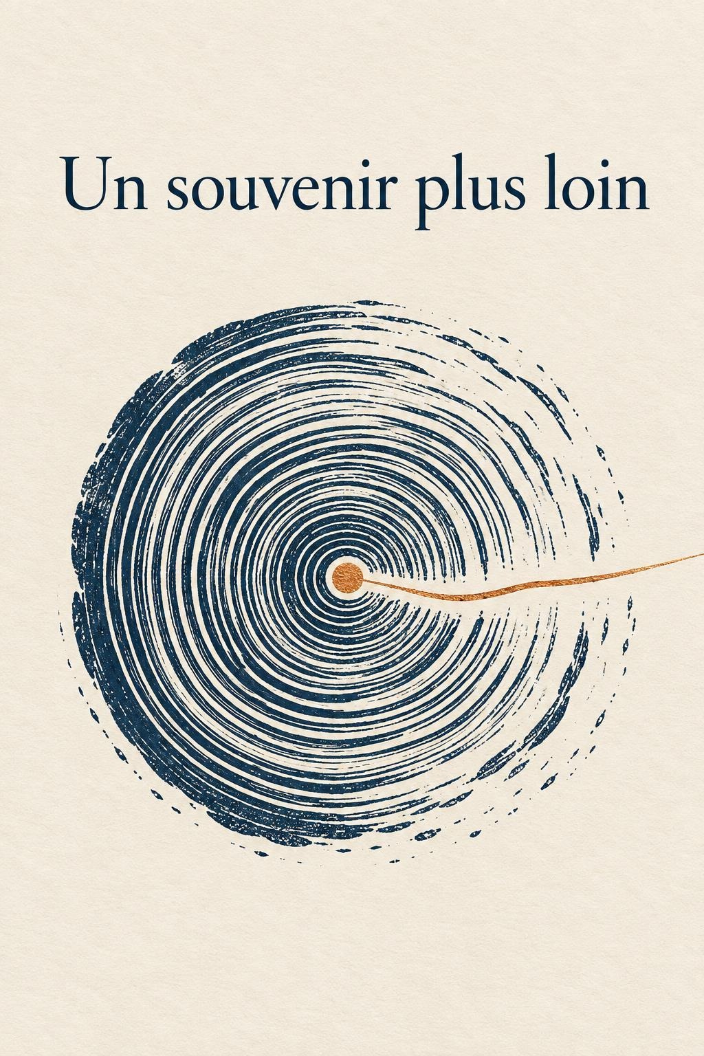 Première de couverture de Un souvenir plus loin : une empreinte circulaire bleue traversée d’un fil doré